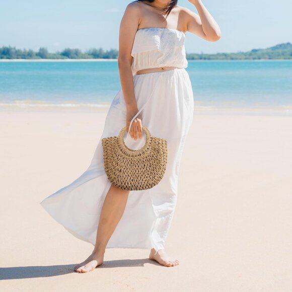 Boho Straw Crossbody Bag Small Woven Purse with Round Handle for Women - Picture 5 of 6